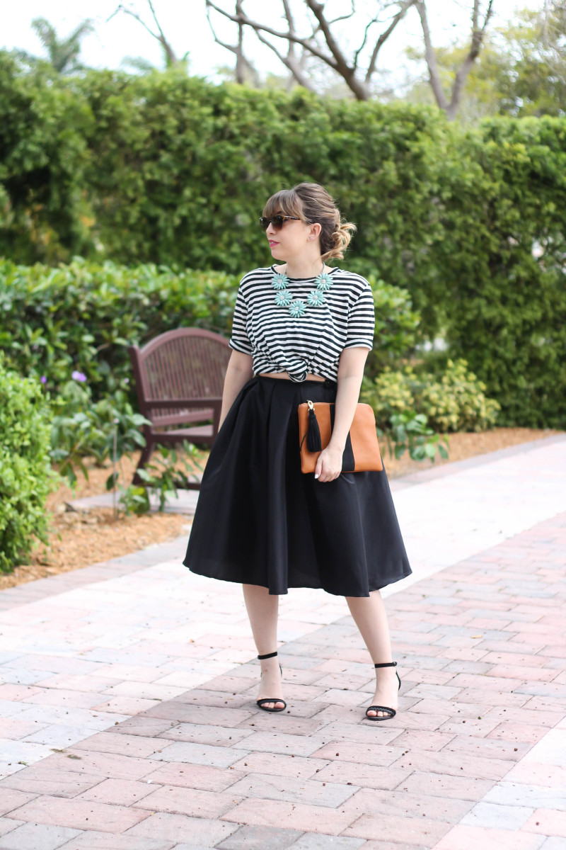 Midi skirt and striped tee outfit-3