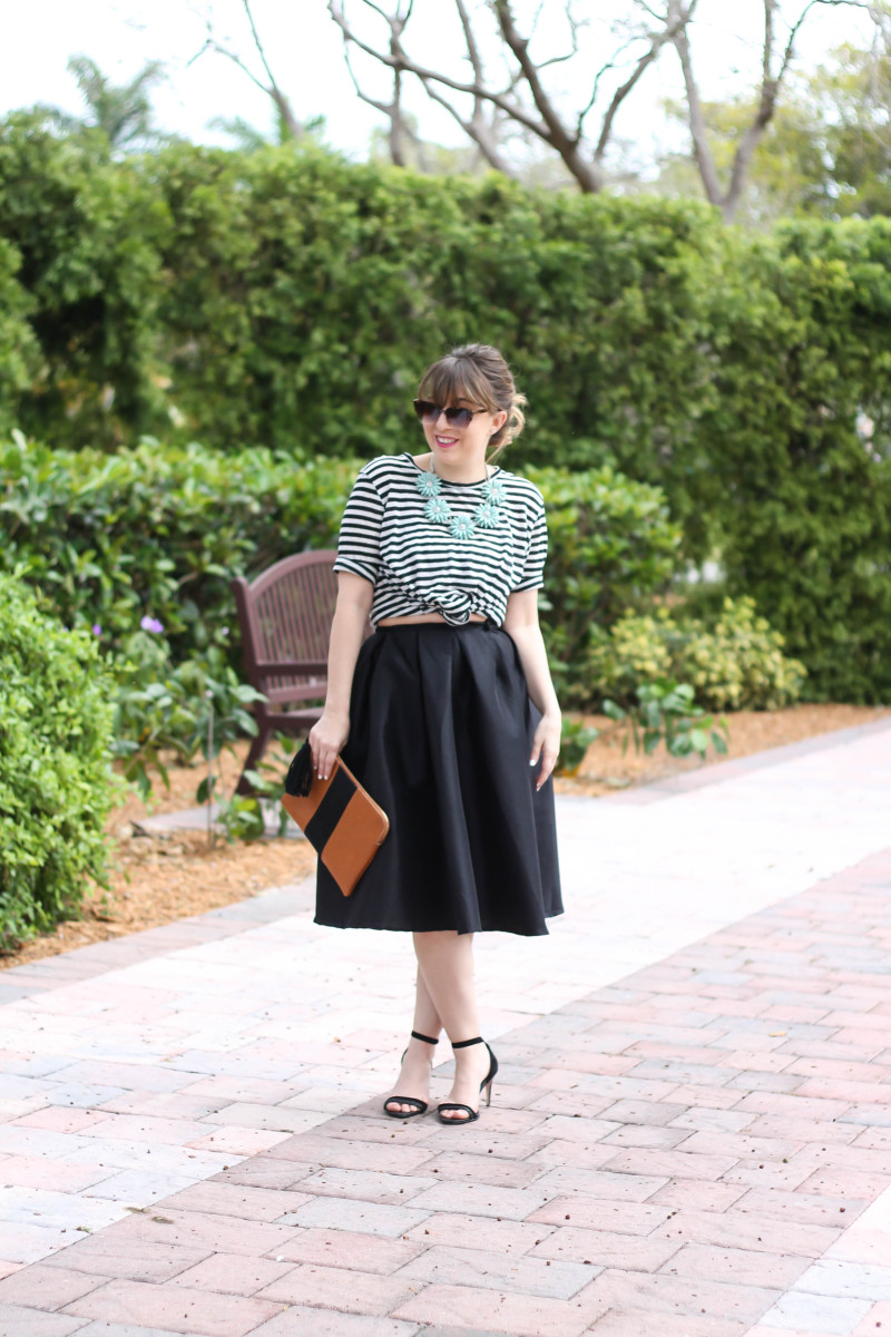 Midi skirt and striped tee outfit