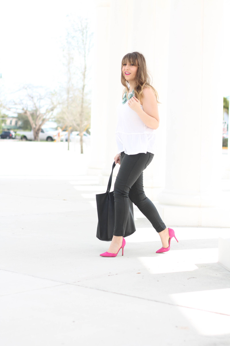 White peplum tee and coated skinny jeans-10