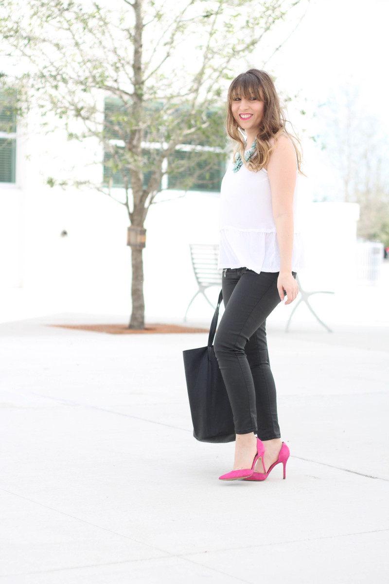 White peplum tee and coated skinny jeans-11