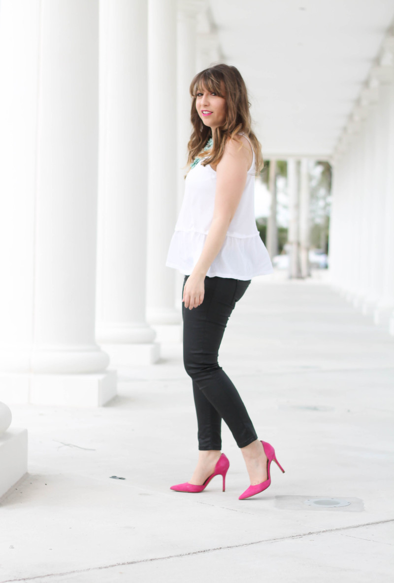 White peplum tee and coated skinny jeans-3