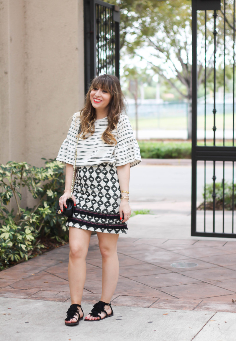 Ruffle sleeve top + printed fringe skirt-5