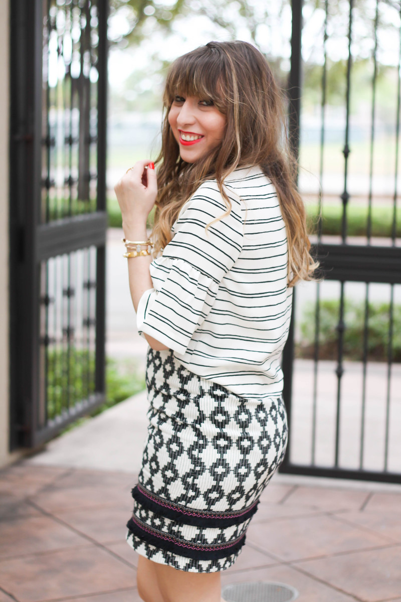 Ruffle sleeve top + printed fringe skirt-7