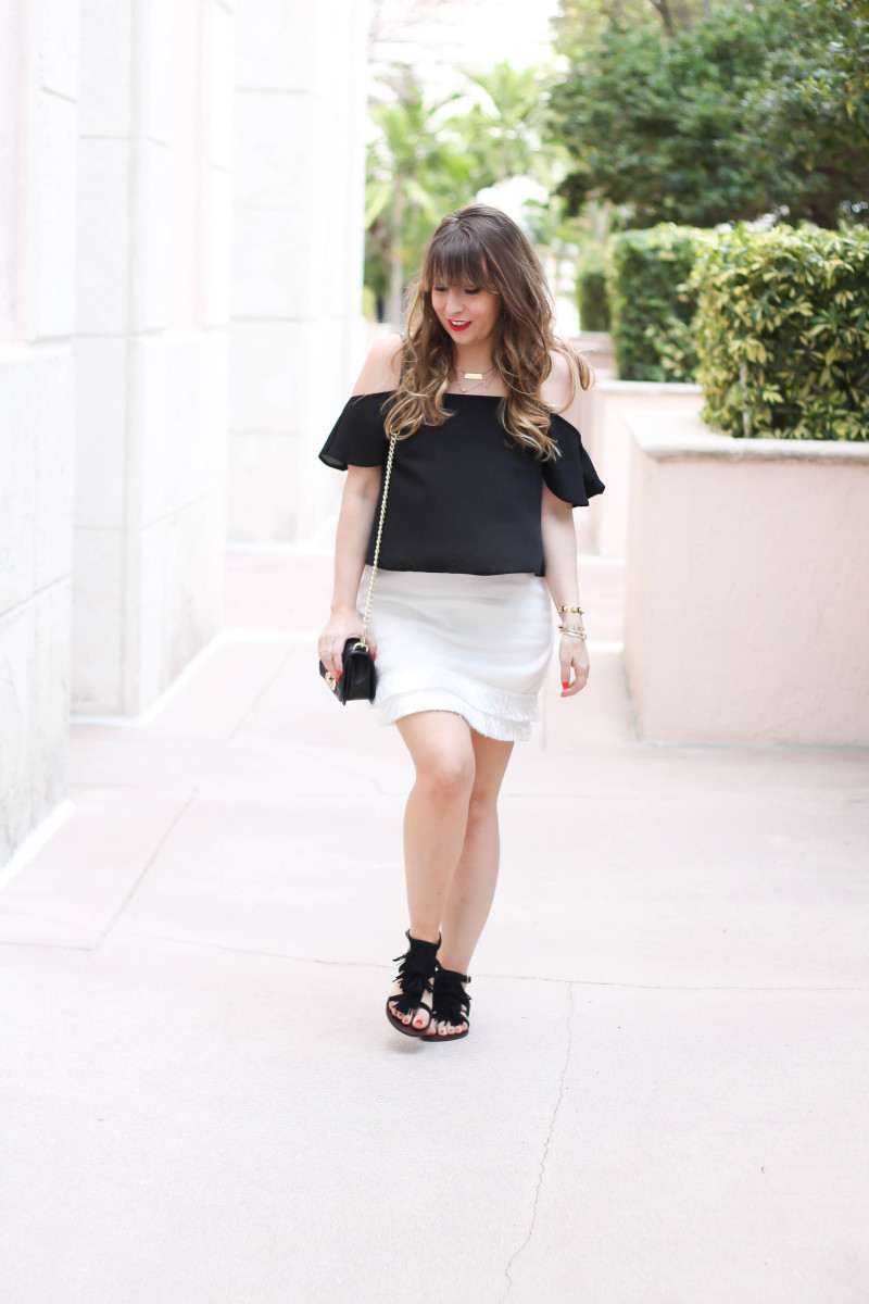 cold shoulder top + fringe skirt + fringe sandals