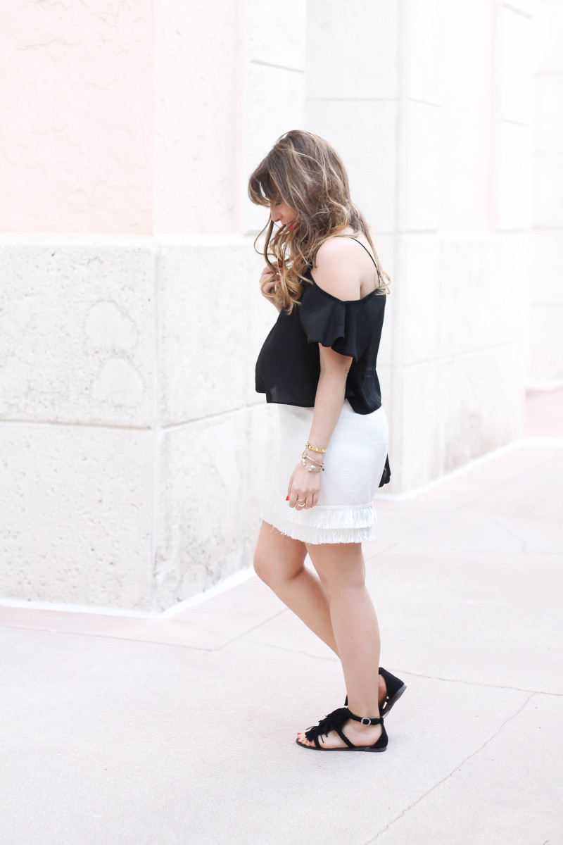 cold shoulder top + fringe skirt + fringe sandals