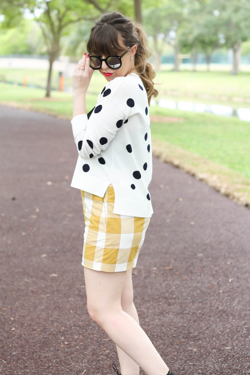 Ann Taylor gingham shorts + polka dot cardigan