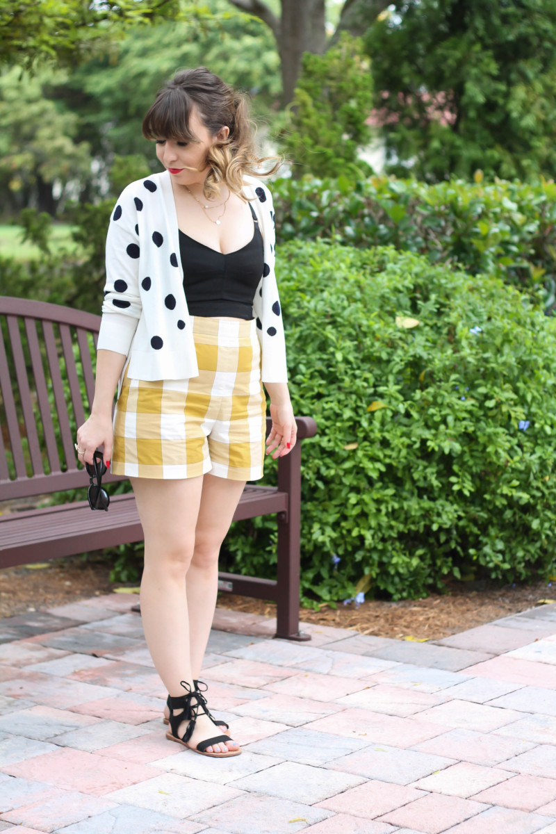 Ann Taylor gingham shorts + polka dot cardigan