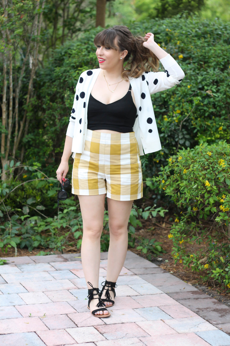 Ann Taylor gingham shorts + polka dot cardigan