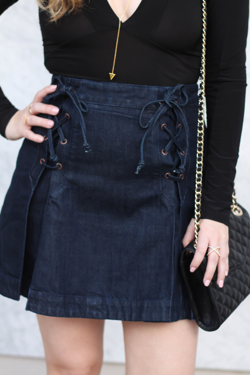 Free People lace up denim skirt + Boohoo black bodysuit-8