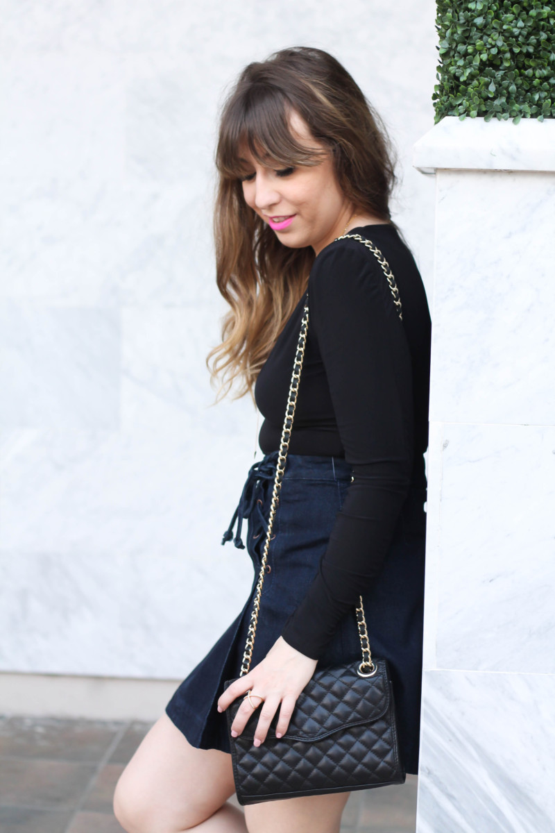 Free People lace up denim skirt + Boohoo black bodysuit-9