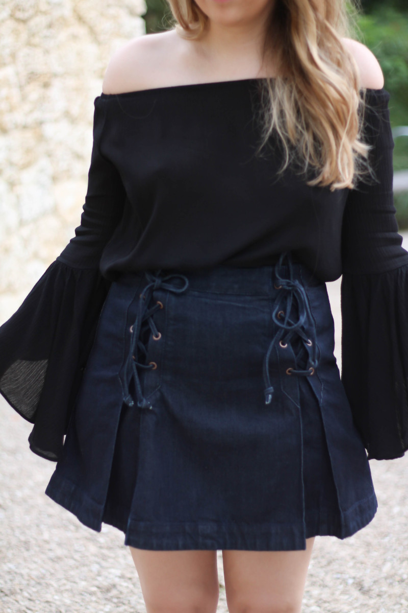 Shein black off the shoulder bell sleeve top + Free People lace up denim skirt-10