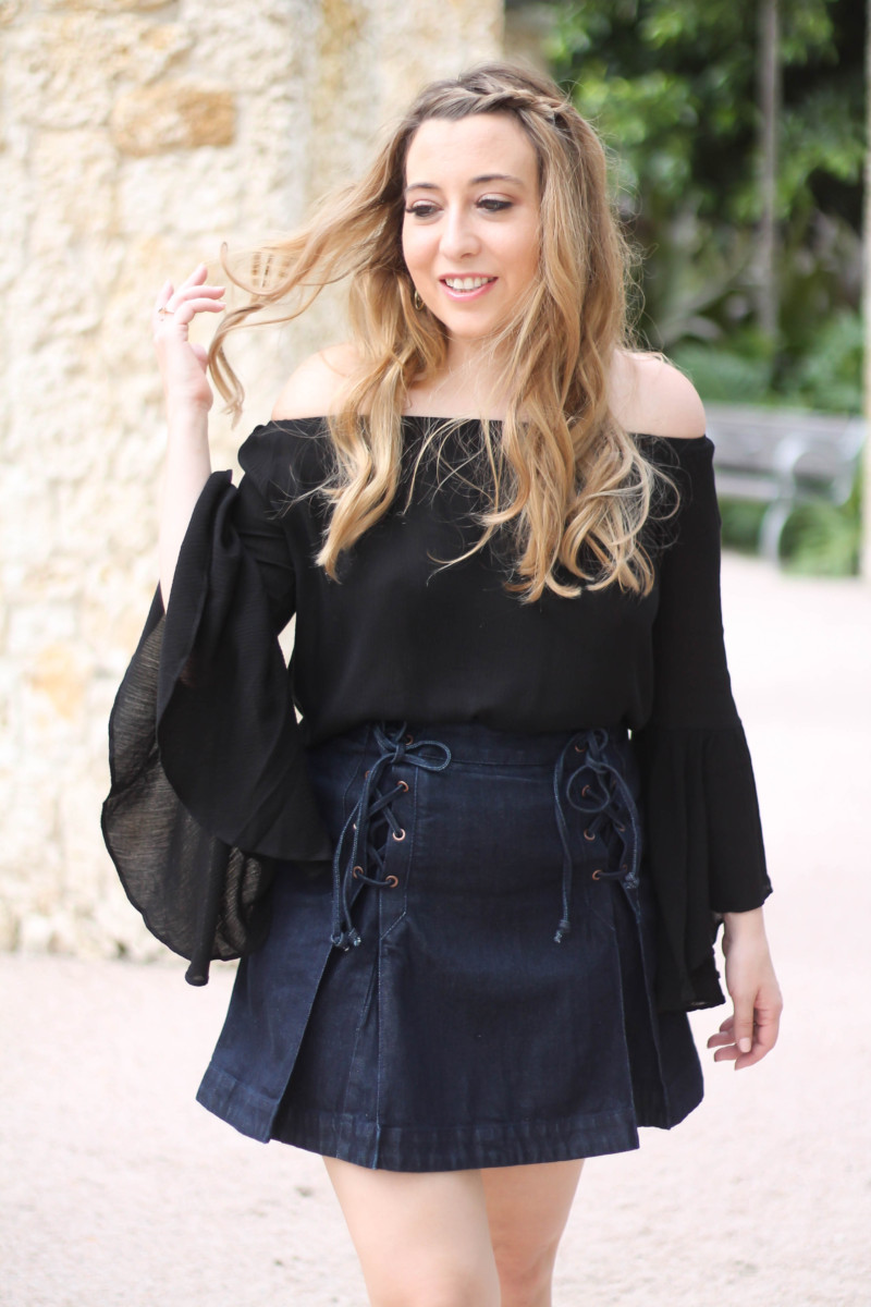 Shein black off the shoulder bell sleeve top + Free People lace up denim skirt-7