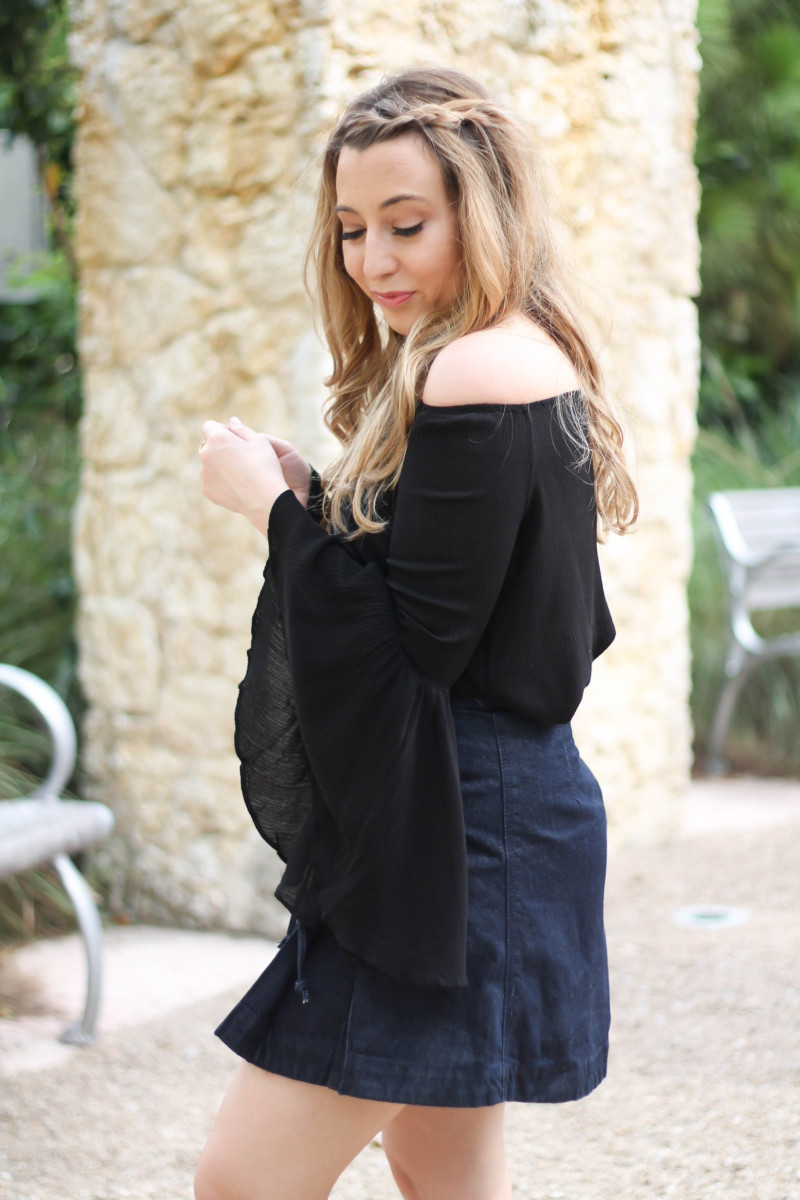 Shein black off the shoulder bell sleeve top + Free People lace up denim skirt-9