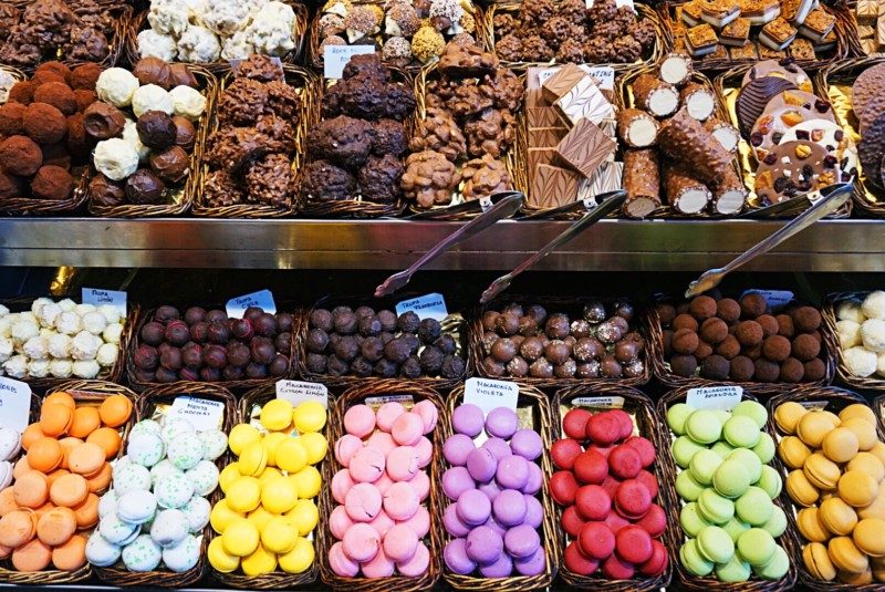 Macarons and goodies at the St Josep la Boqueria mercado in Barcelona.