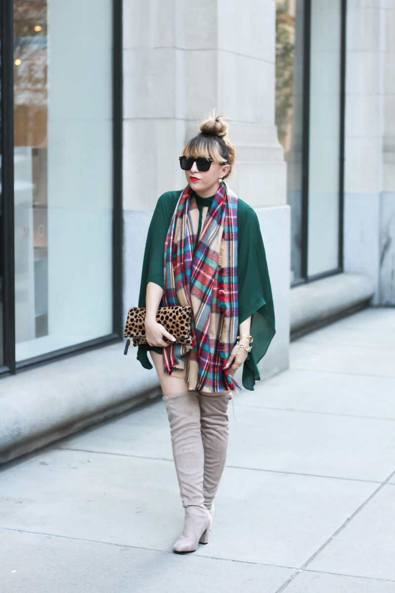 forever-21-green-romper-plaid-blanket-scarf-chinese-laundry-over-the-knee-boots-1-of-9
