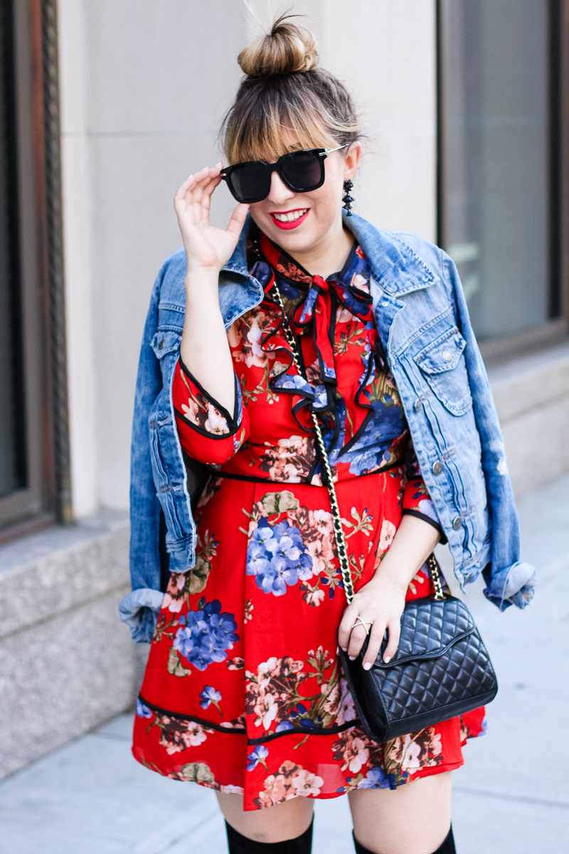 Shopbop red floral dress with J. Crew Factory jean jacket