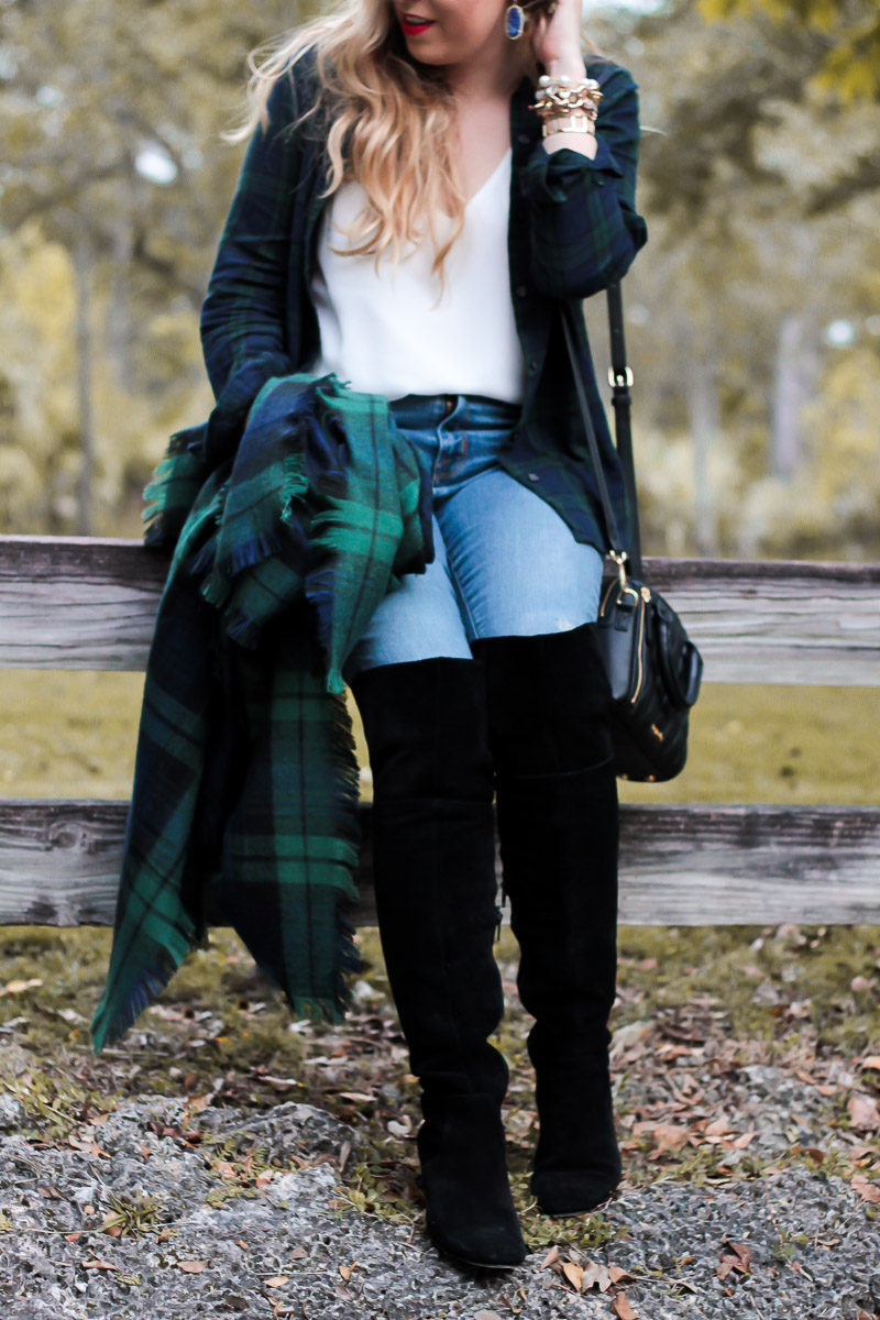 Fashion blogger wearing jeans with over the knee boots for a casual holiday plaid shirt outfit idea