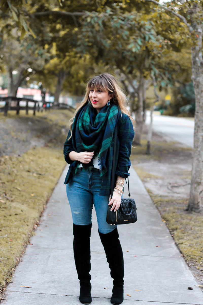 Miami fashion blogger Stephanie Pernas wearing a cozy blanket scarf and over the knee boots