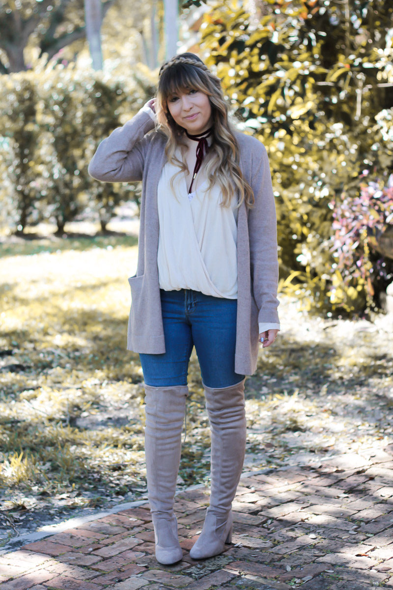 Miami fashion blogger Stephanie Pernas styles a boyfriend cardigan and over the knee boots for a cute and casual Thanksgiving outfit 