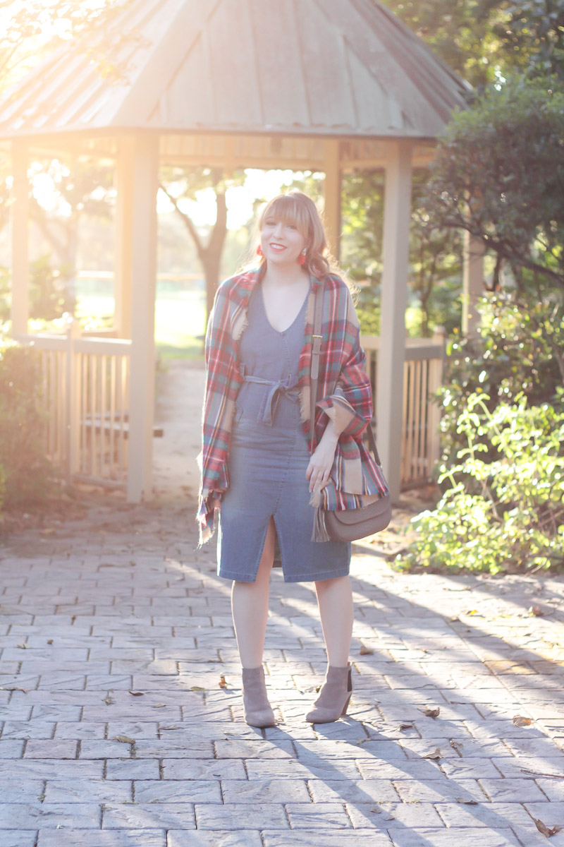 Choies denim dress and plaid blanket scarf fall outfit idea