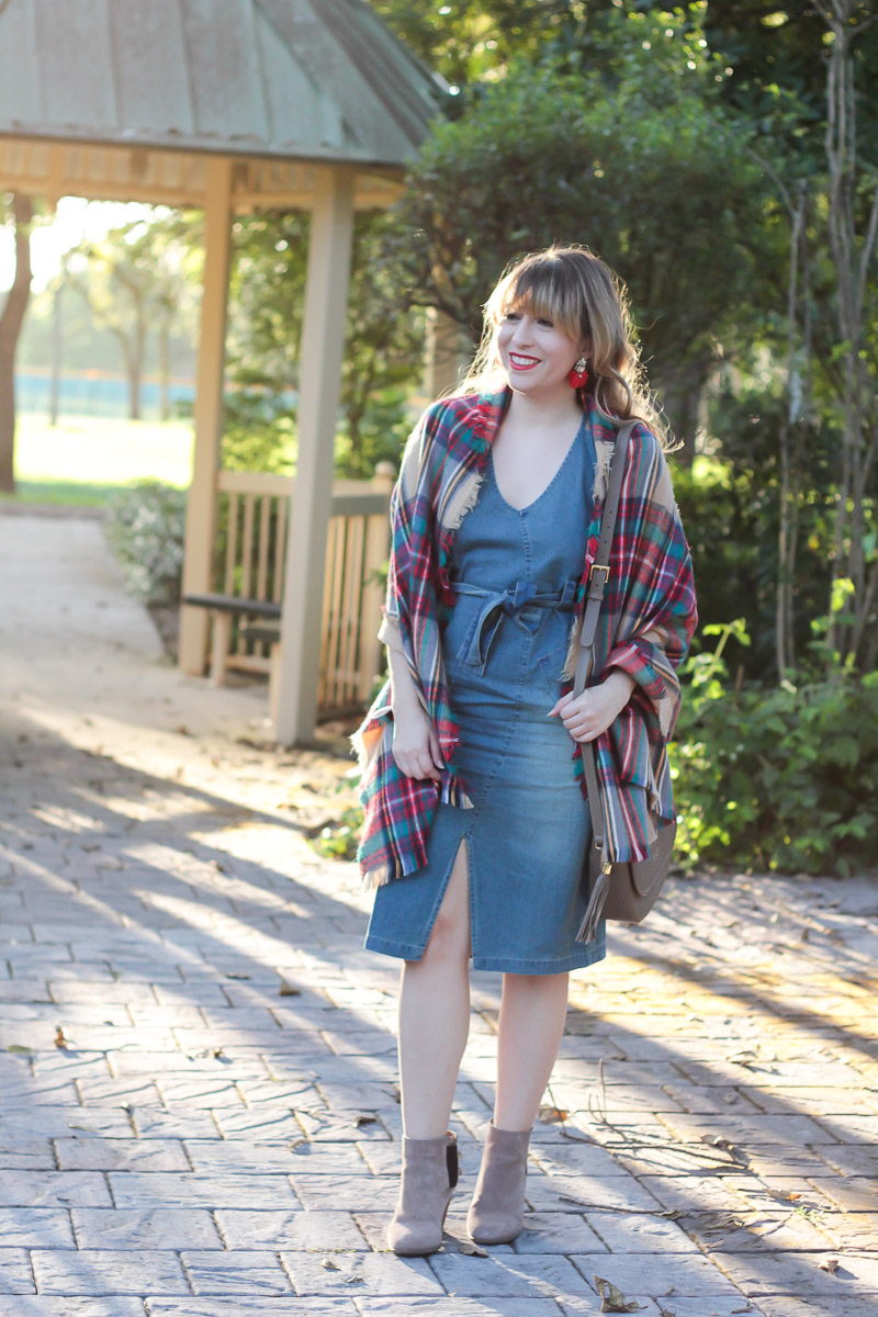 Denim dress and blanket scarf fall outfit idea