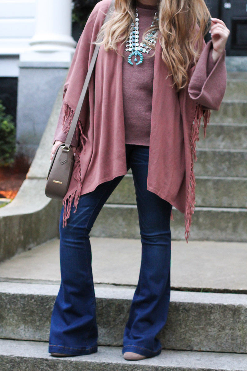  Miami fashion blogger styles flare jeans and a fringe shawl for fall