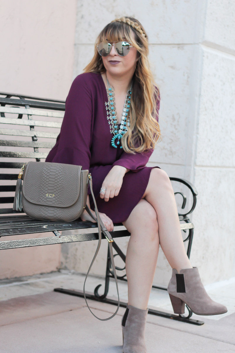 Miami fashion blogger Stephanie Pernas styles a taupe bag and booties with a plum dress for a cute Thanksgiving outfit idea