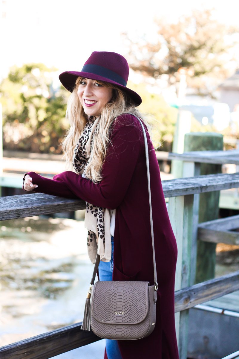 Forever 21 maroon cardigan, Target maroon fedora, and GiGi New York Kelly saddlebag