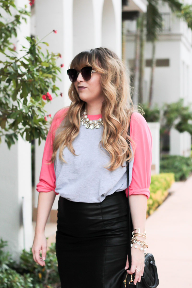 Baseball tee and leather skirt outfit