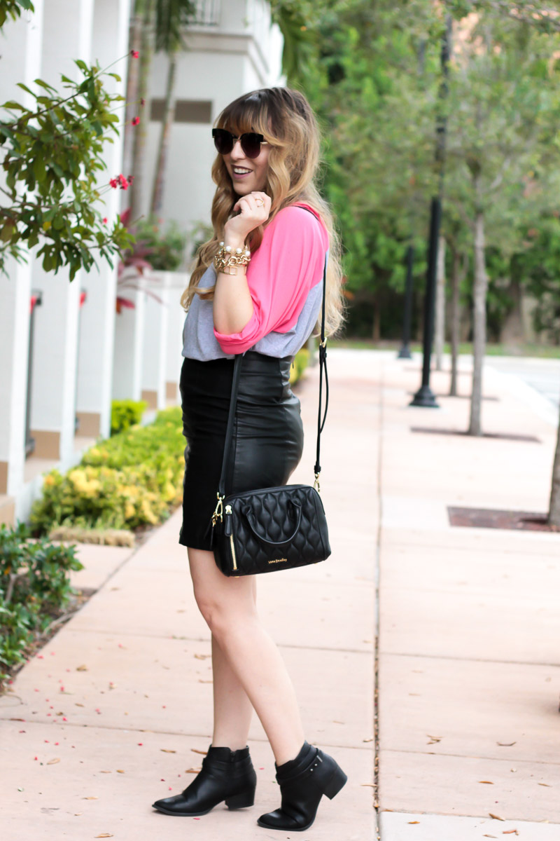 Baseball tee and leather skirt fall outfit idea