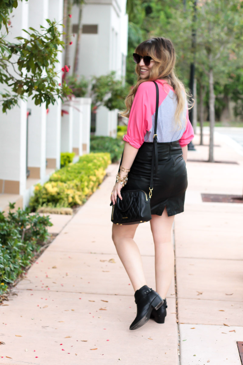 Baseball tee and leather skirt fall outfit idea