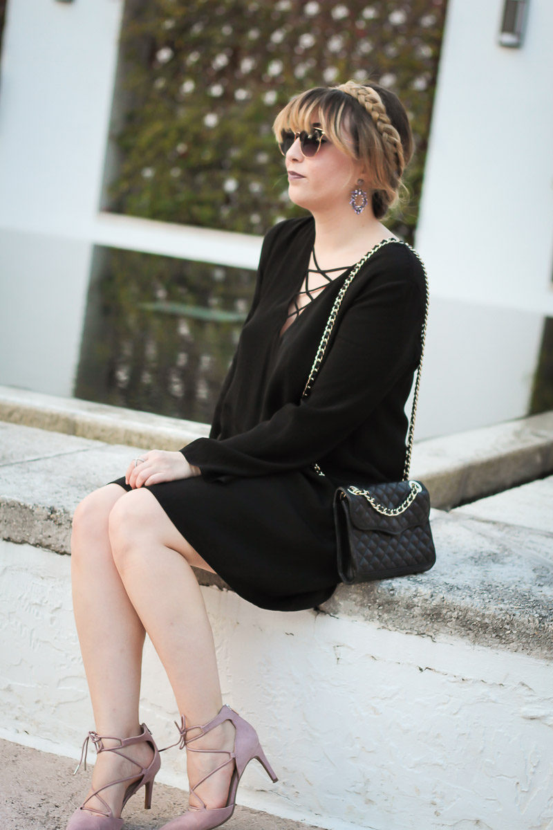 Miami fashion blogger Stephanie Pernas of A Sparkle Factor wearing a lace up shift dress with blush lace up pumps and a braided updo for a pretty fall look