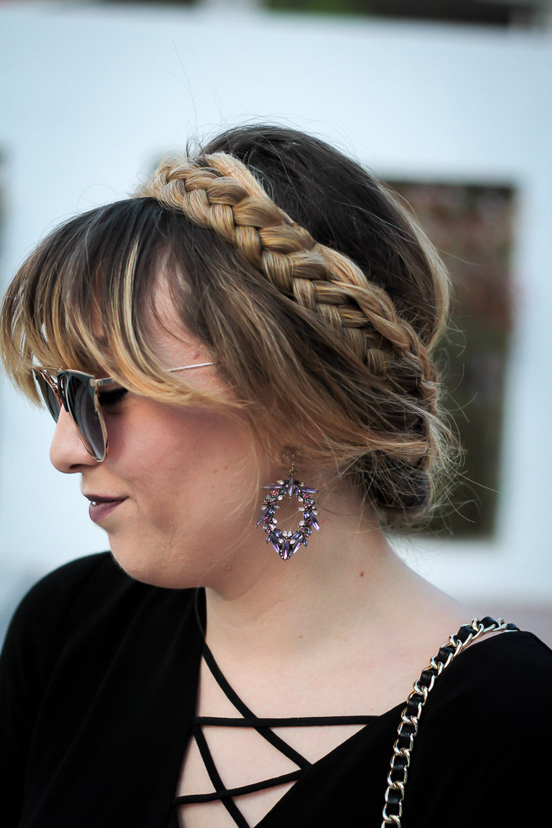 Miami fashion blogger Stephanie Pernas of A Sparkle Factor wearing a braided updo and Baublebar Navaeh Drops earrings