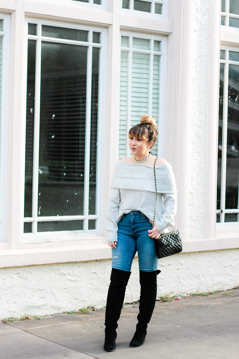 Miami fashion blogger Stephanie Pernas styles an off the shoulder sweater with over the knee boots