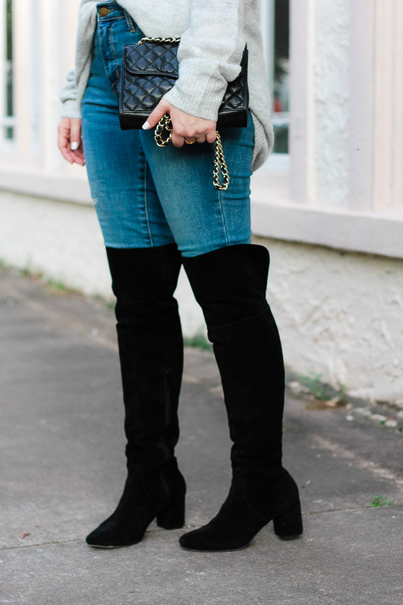 Miami fashion blogger Stephanie Pernas of A Sparkle Factor styles Sole Society Leandra over the knee boots with jeans