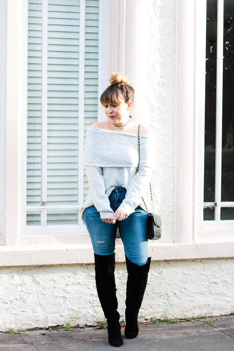 off the shoulder sweater outfit