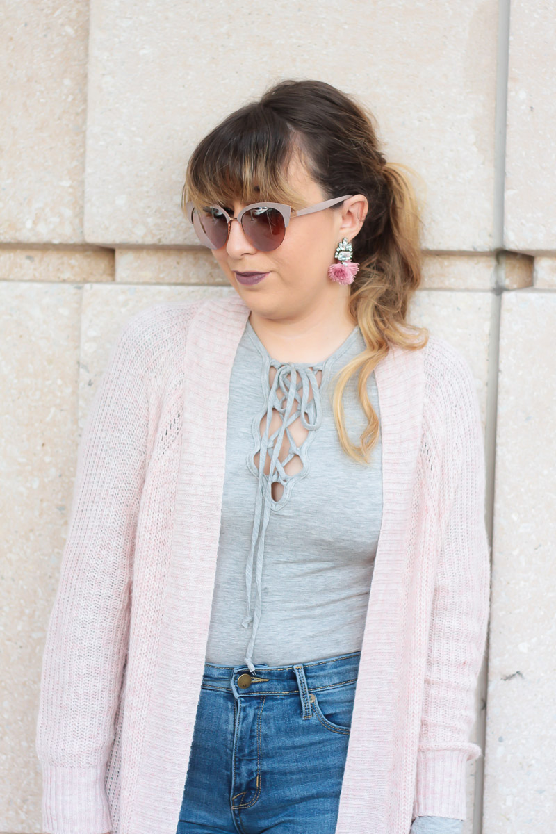 cozy cardigan and lace up tee outfit