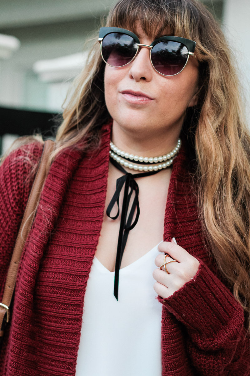 Miami fashion blogger Stephanie Pernas of A Sparkle Factor styles Baublebar Guinevere choker with a cozy cardigan and camisole