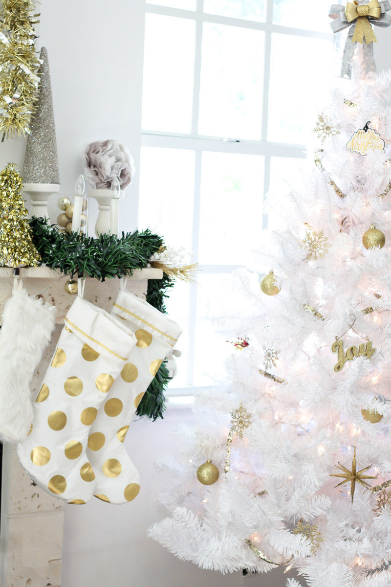 White and gold polka dot stockings and ideas for stocking stuffers