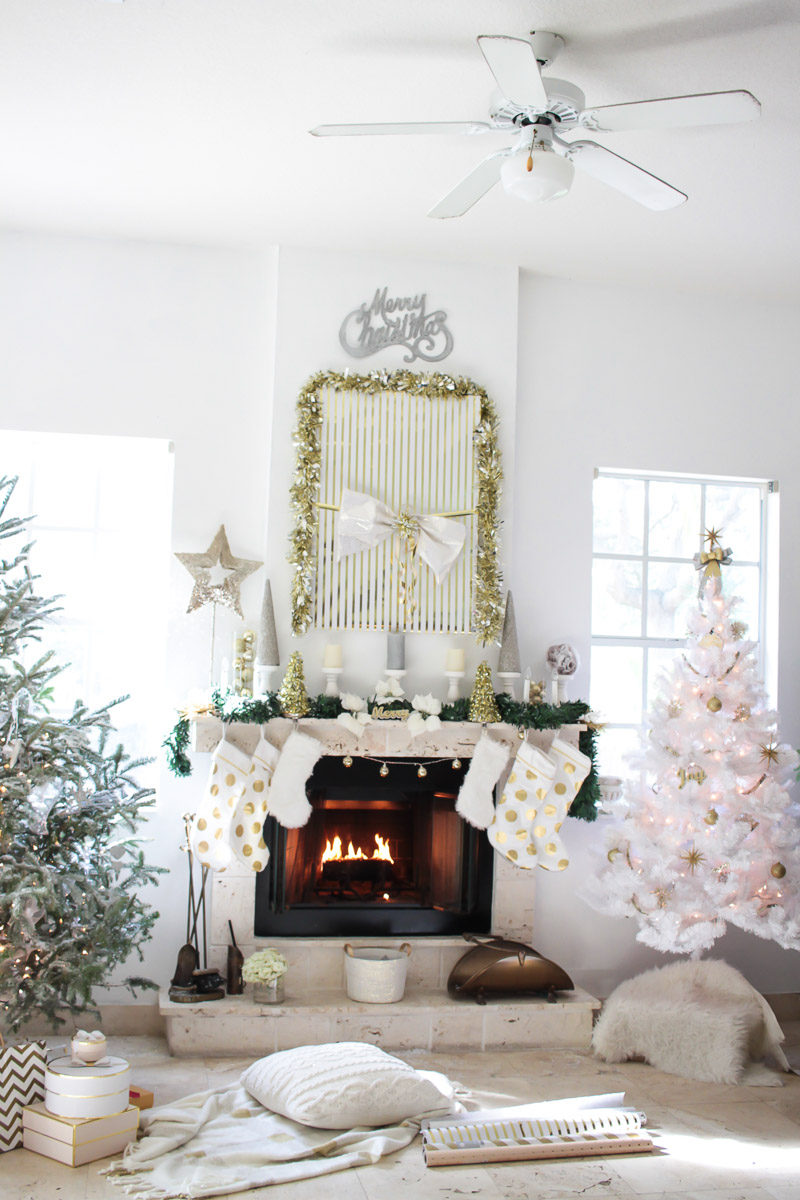 Pretty gold, silver and white Christmas decor for the living room