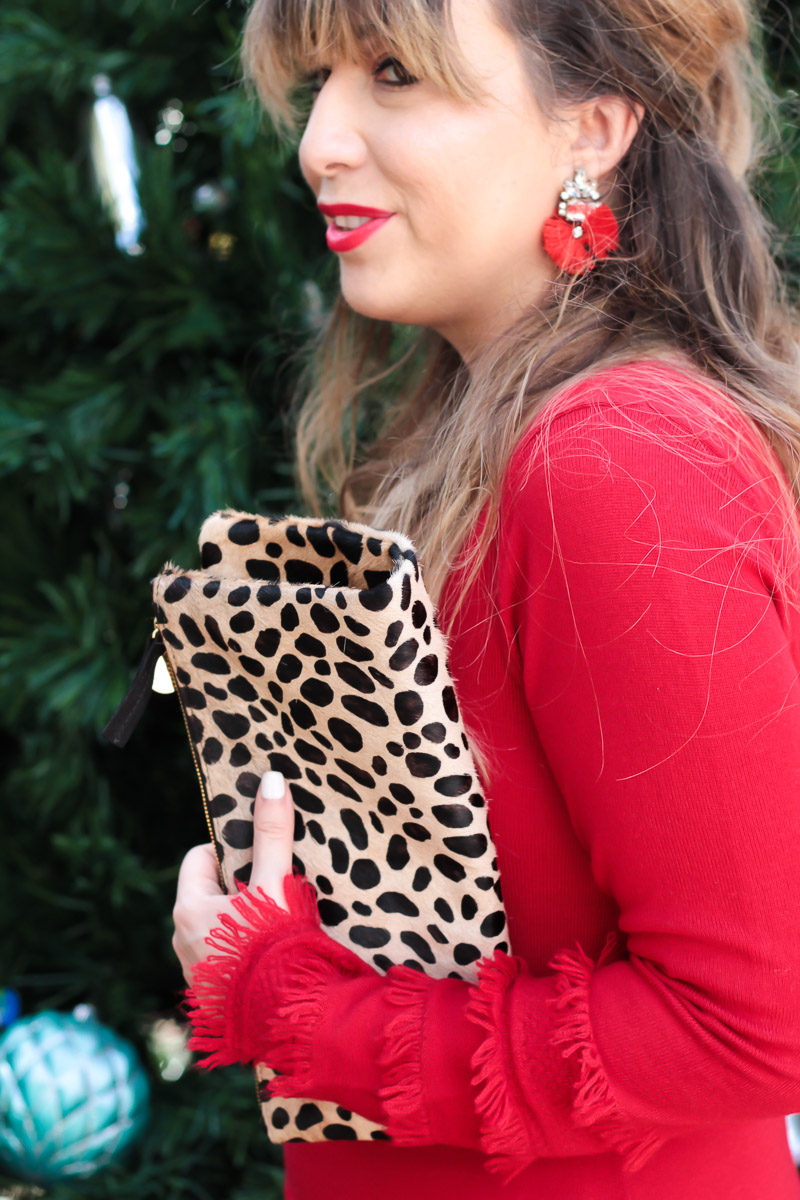 Miami fashion blogger styles a Clare V leopard foldover clutch with red Baublebar Flamenco Drops