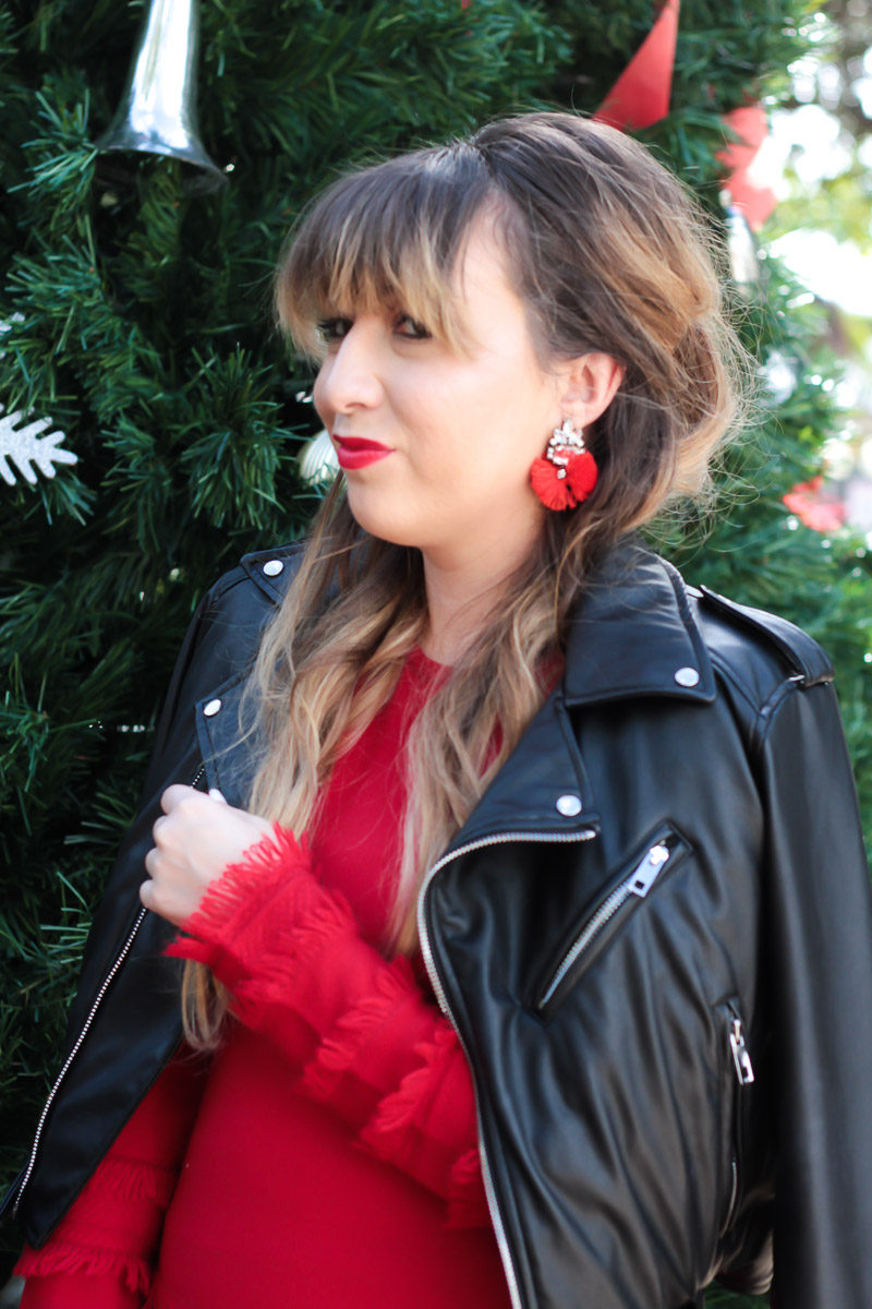 Miami fashion blogger Stephanie Pernas wearing Baublebar Flamenco Drops earrings in red