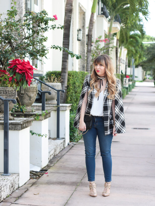 Trina turk plaid cape blazer and jeans