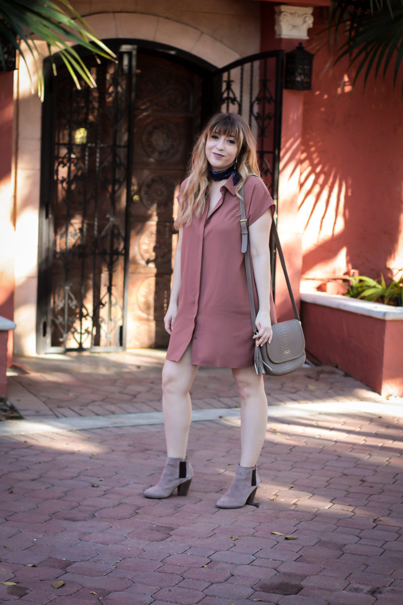 Miami fashion blogger Stephanie Pernas wearing a shirtdress with booties for an easy and chic shirtdress outfit idea
