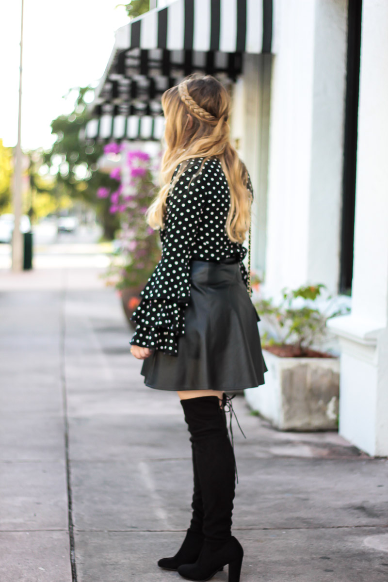 Polka dot ruffle sleeve blouse + leather skirt outfit-3