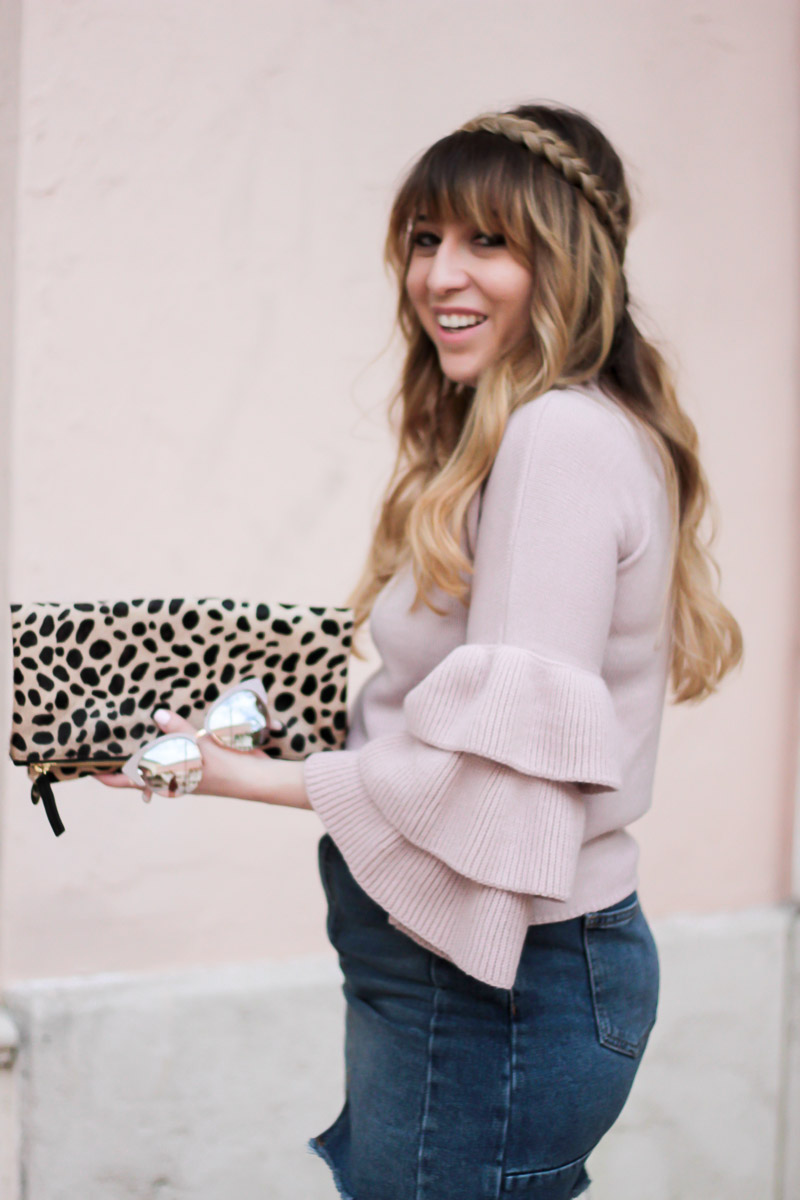 Blush sweater and leopard clutch