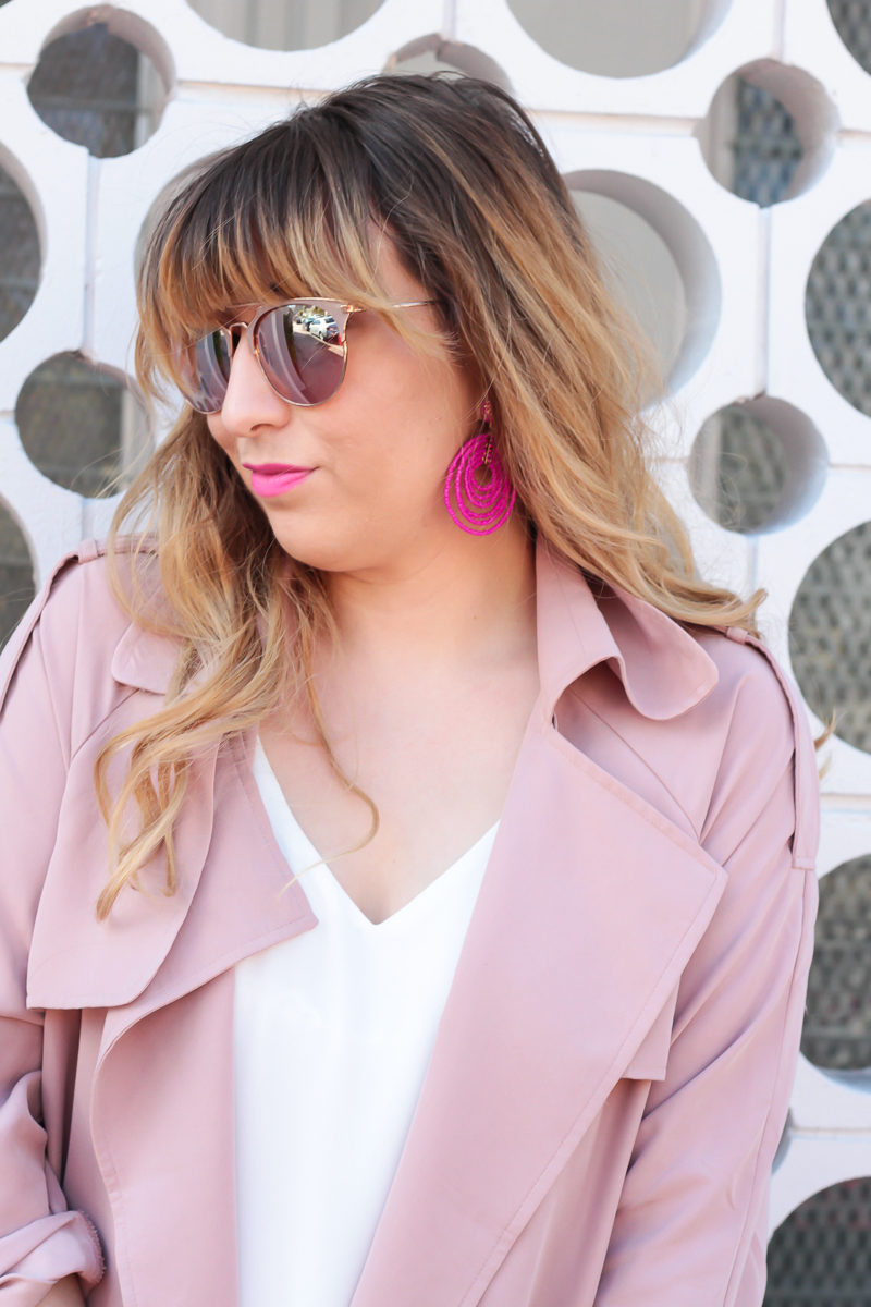 Miami fashion blogger Stephanie Pernas of A Sparkle Factor wearing a pink Forever 21 trench coat and white camisole with hot pink Baublebar earrings 