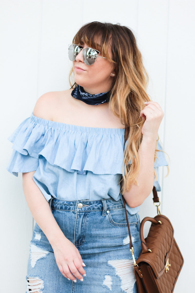 Miami fashion blogger Stephanie Pernas styles a bandana neckscarf with an off the shoulder top