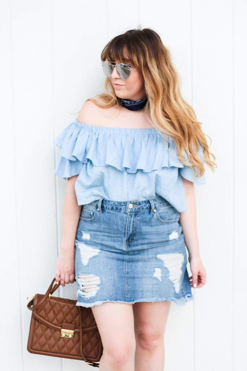 Miami fashion blogger Stephanie Pernas wearing an off the shoulder chambray top and jean skirt