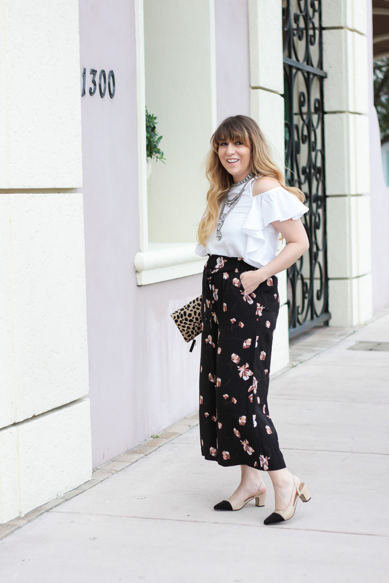 Miami fashion blogger Stephanie Pernas wearing palazzo pants and a cold shoulder top